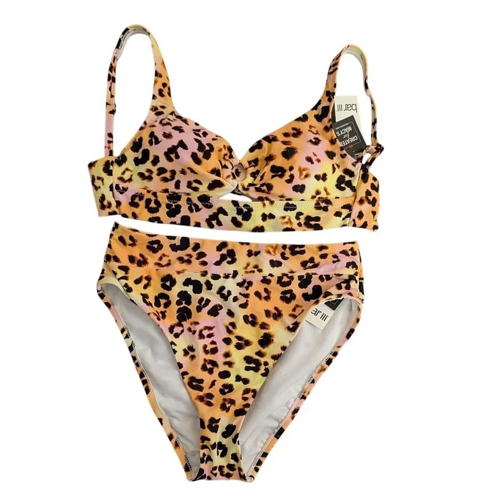 Bar III Womens Banded Ring Bikini Top High Rise Bottoms Leopard Print Size S NEW